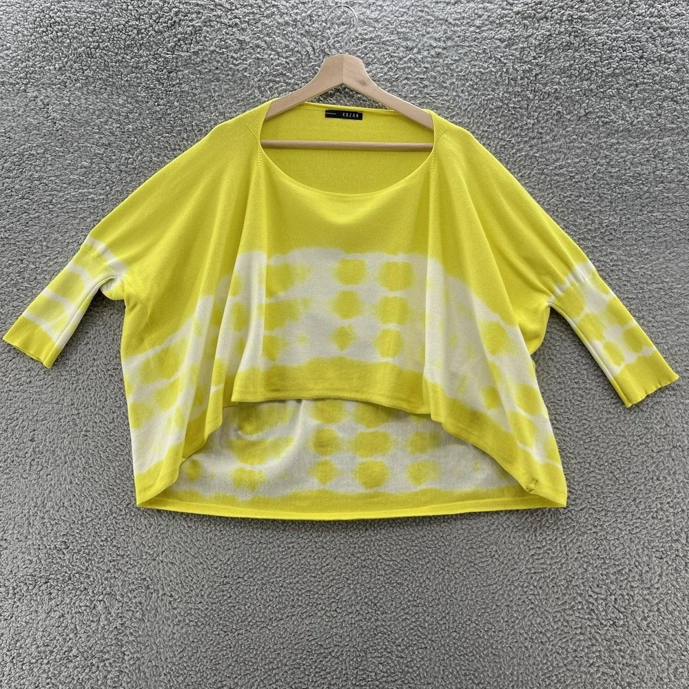 Kozan Sweater Womens OS Yellow White Relaxed Cocoon Cotton Knit Pullover Art Top
